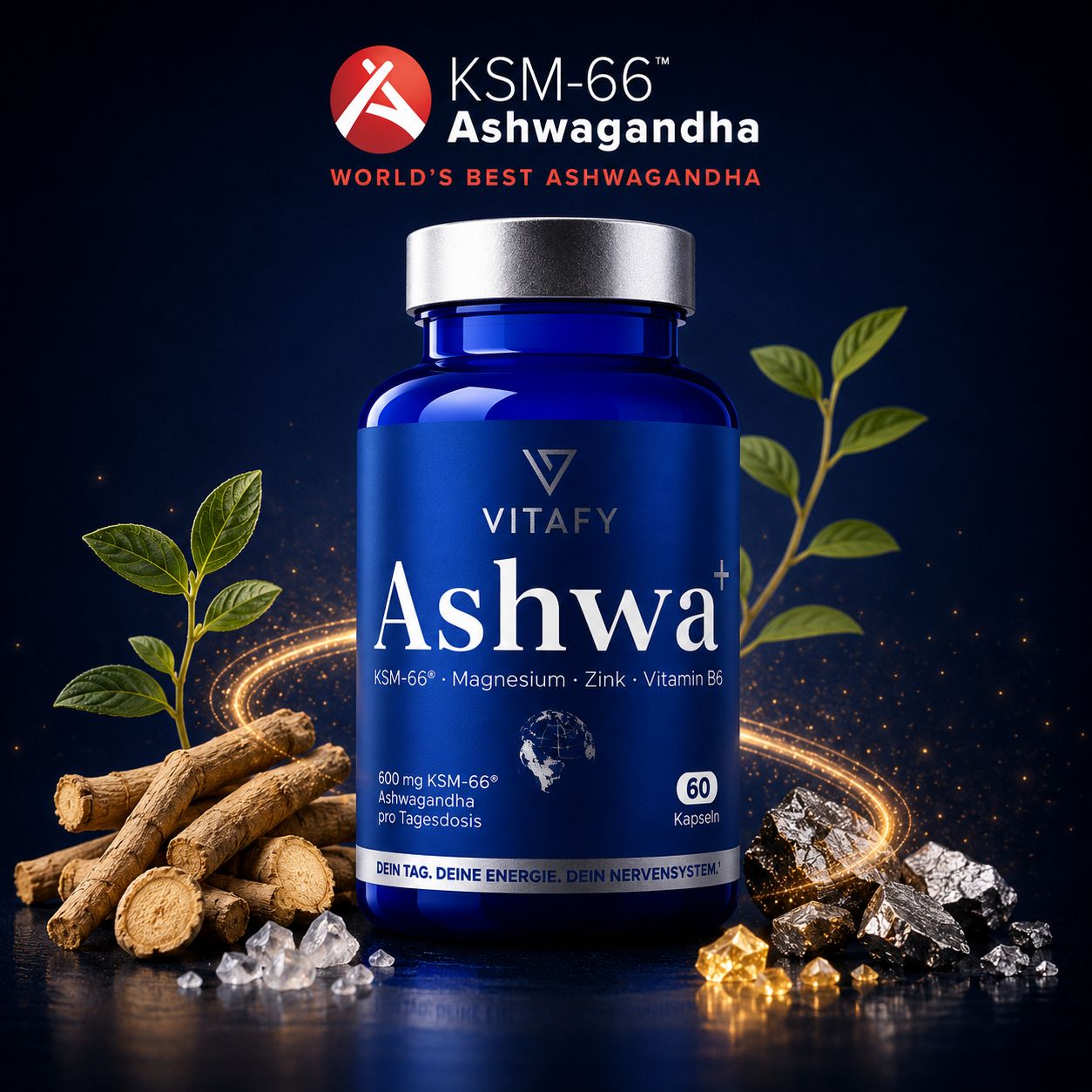 Ashwa+ Ashwagandha KSM-66™ mit Magnesium, Zink & Vitamin B6 (60 Kapseln)