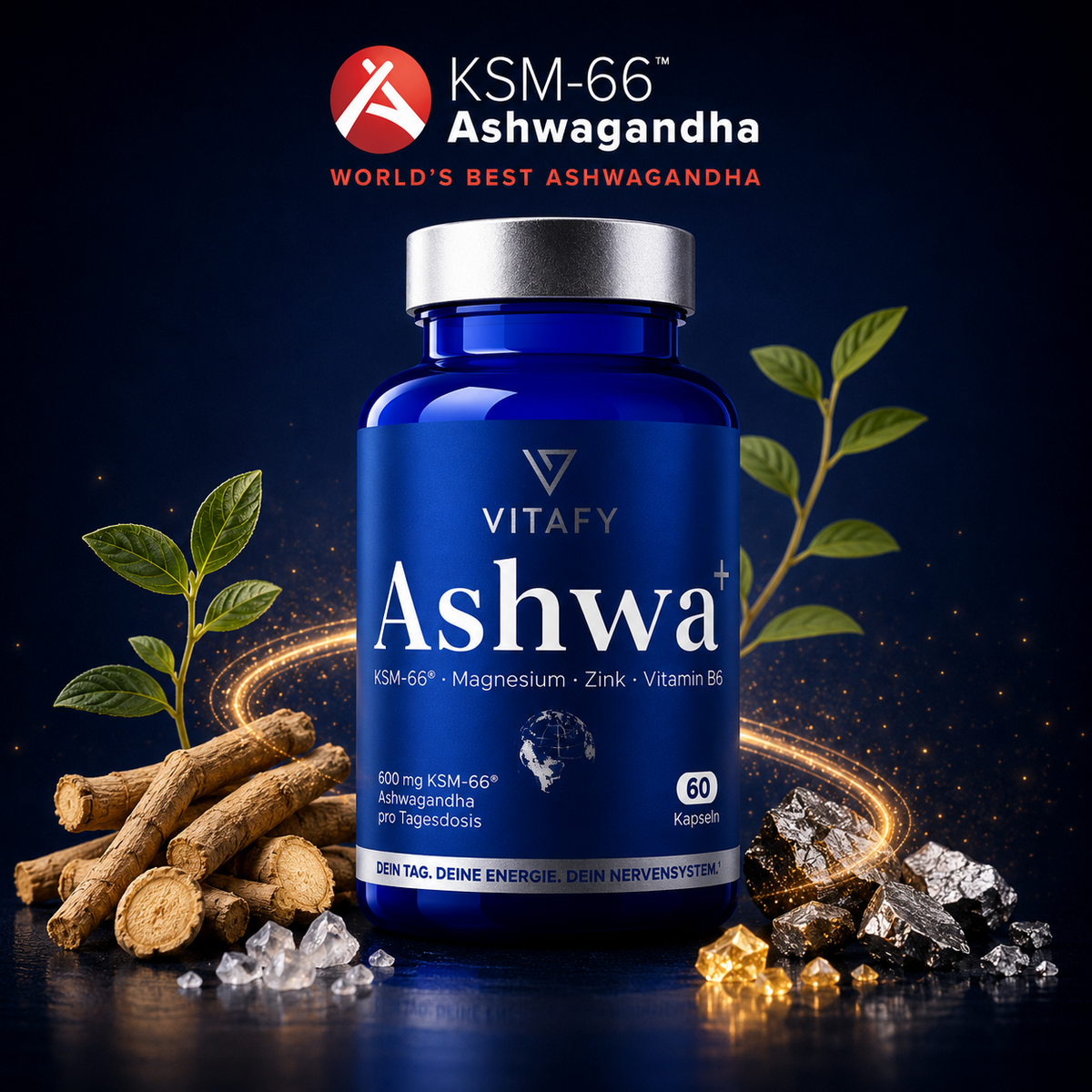 Ashwa+ Ashwagandha KSM-66™ mit Magnesium, Zink & Vitamin B6 (60 Kapseln)