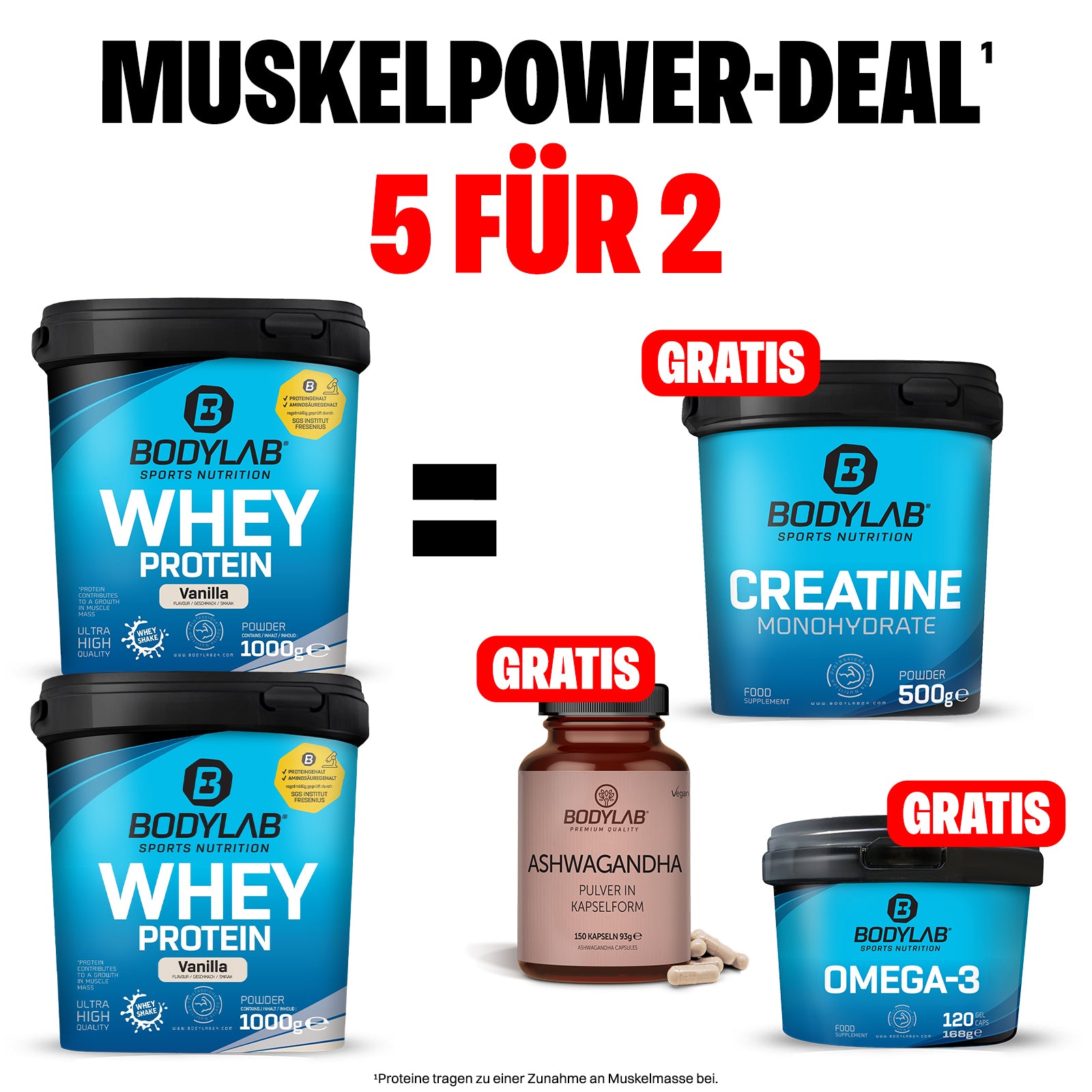 EXKLUSIVER DEAL: 5für2 Muskelpower-Deal mit Whey, Creatine, Omega-3 & Ashwagandha