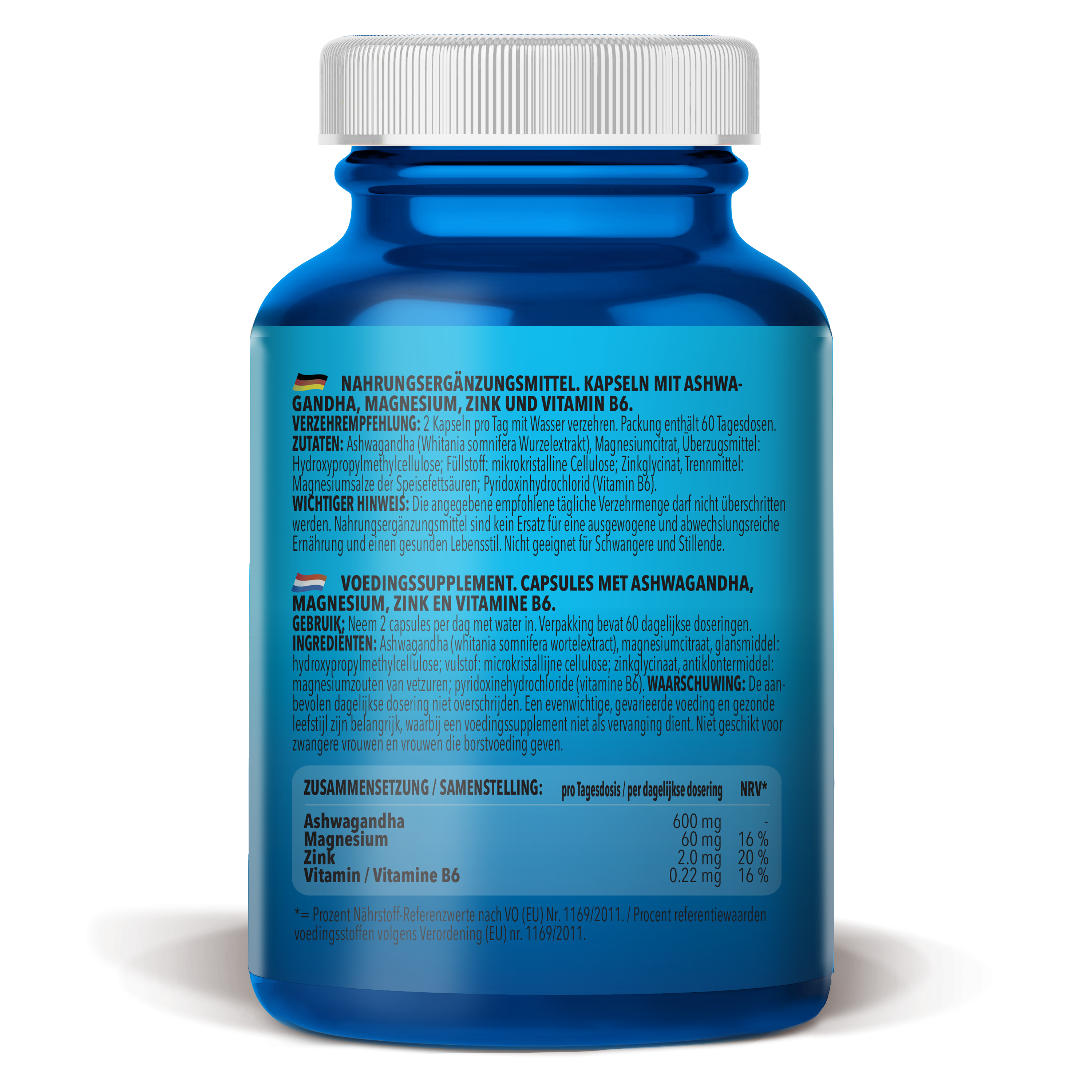 Ashwagandha + Magnesium - Zinc - Vitamin B6 (120 Kapseln)