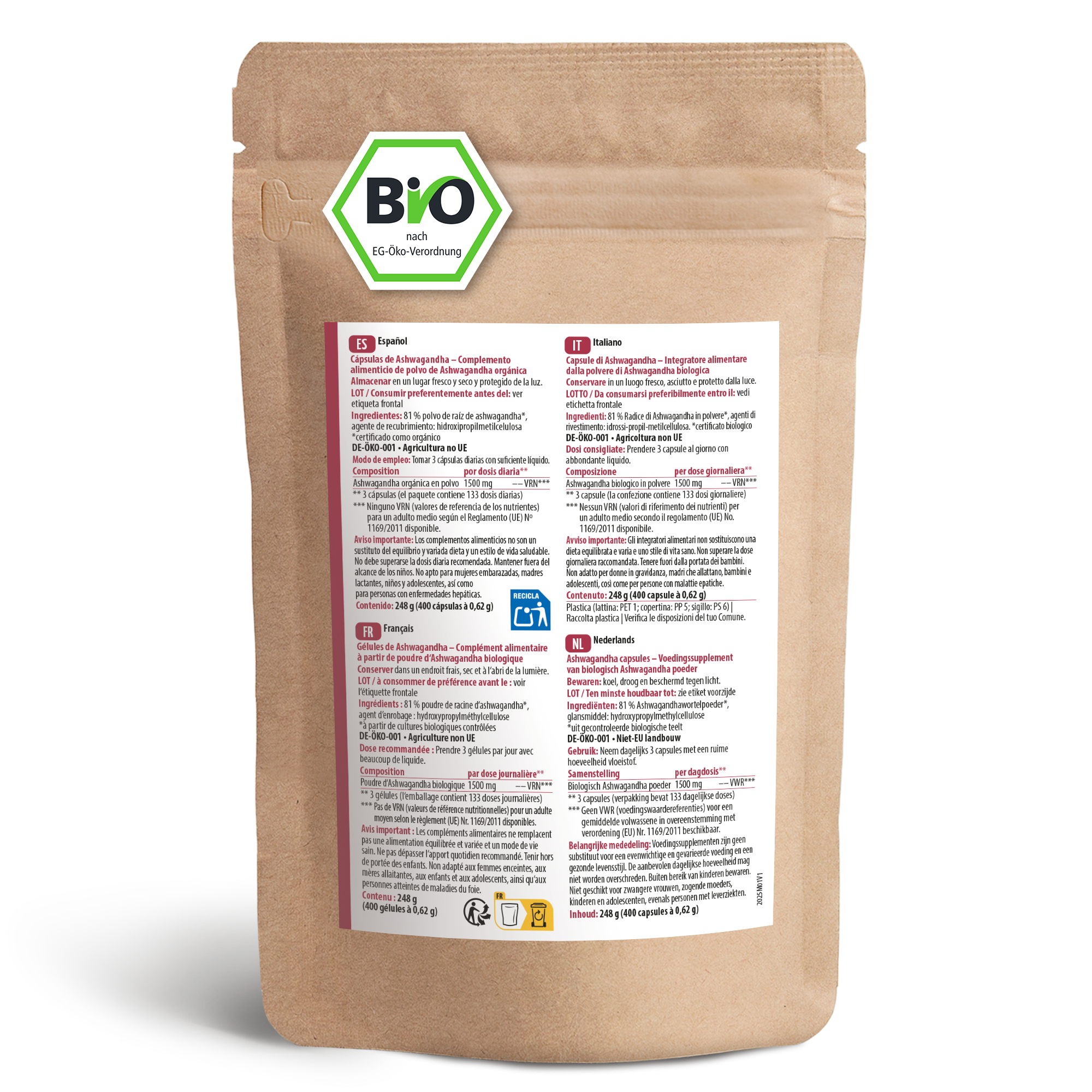 Ashwagandha Kapseln Bio Nachfüllpack (400 Kapseln)