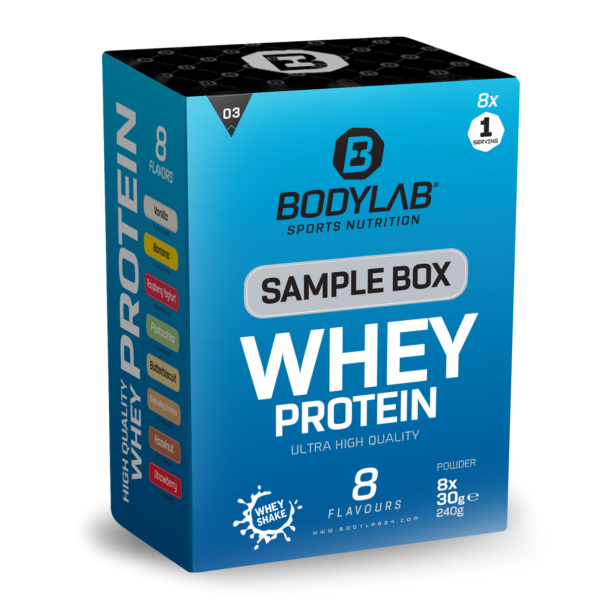 Whey Protein Probierboxen (8 Proben je 30g) Box 3: Vanilla – Banana – Raspberry Yogurt – Pistachio – Butter Biscuit – Cinnamon Rice Pudding – Hazelnut Cocoa and Strawberry White Chocolate.