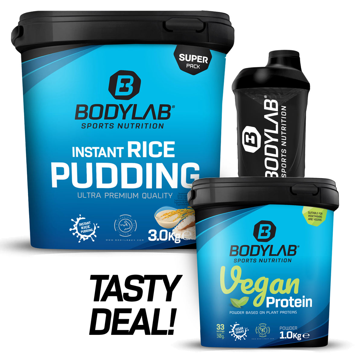 Tasty Deal mit 1kg Vegan Protein + 3kg Instant Rice Pudding + Shaker gratis