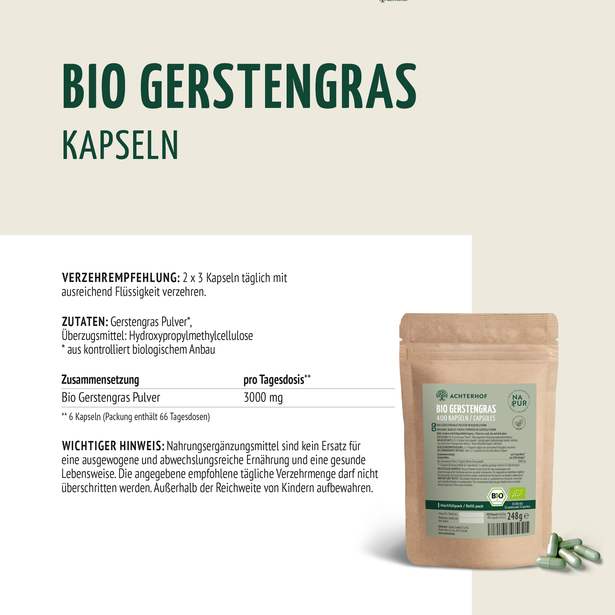 Gélules d'herbe d'orge bio (400 gélules) - Recharge