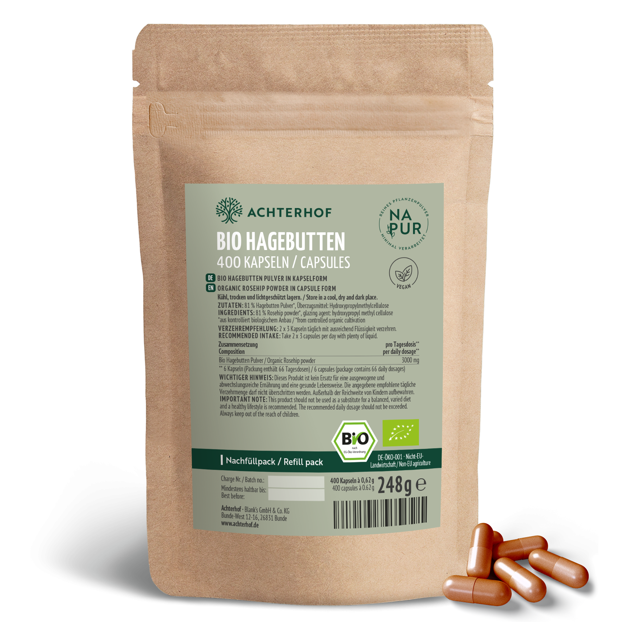 Hagebutten Kapseln Bio Nachfüllpack (400 Kapseln)