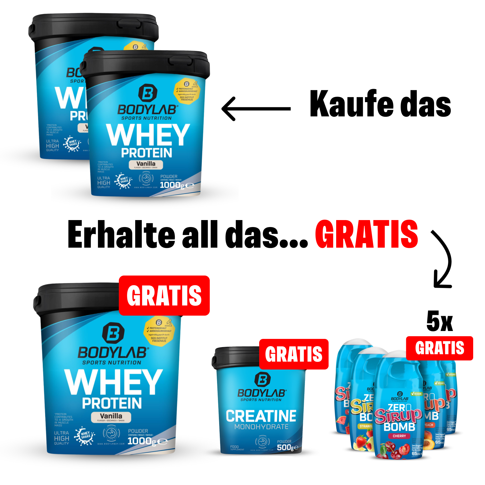 OFFRE EXCLUSIVE : Pack Protéines 5 pour 2 avec Whey + Créatine + Bombes de Sirop Zéro offerts