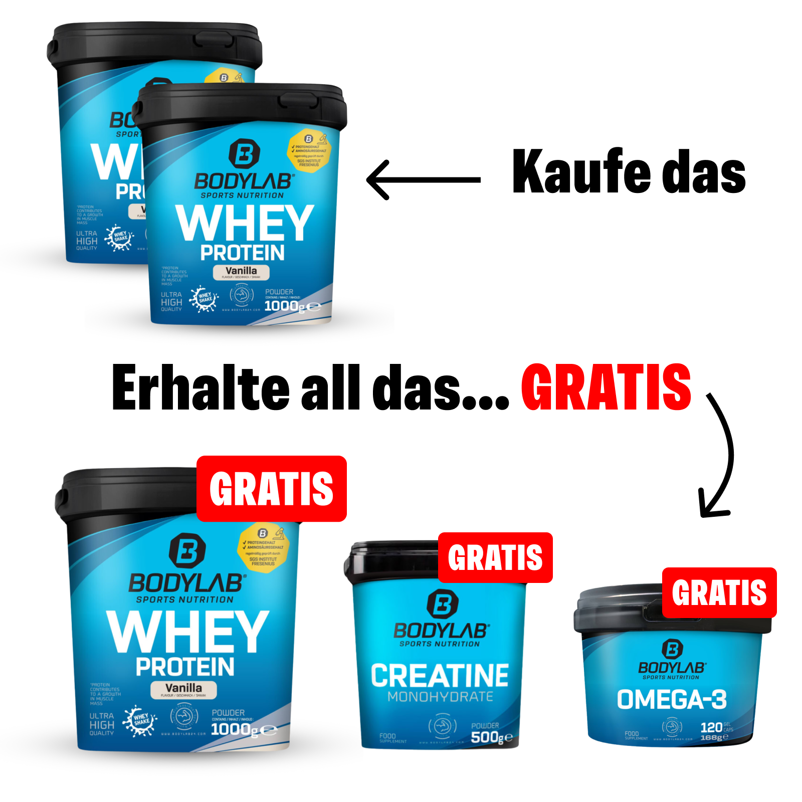 OFFRE EXCLUSIVE : Pack Protéines 5 pour 2 avec Whey + Créatine + Oméga-3 offerts