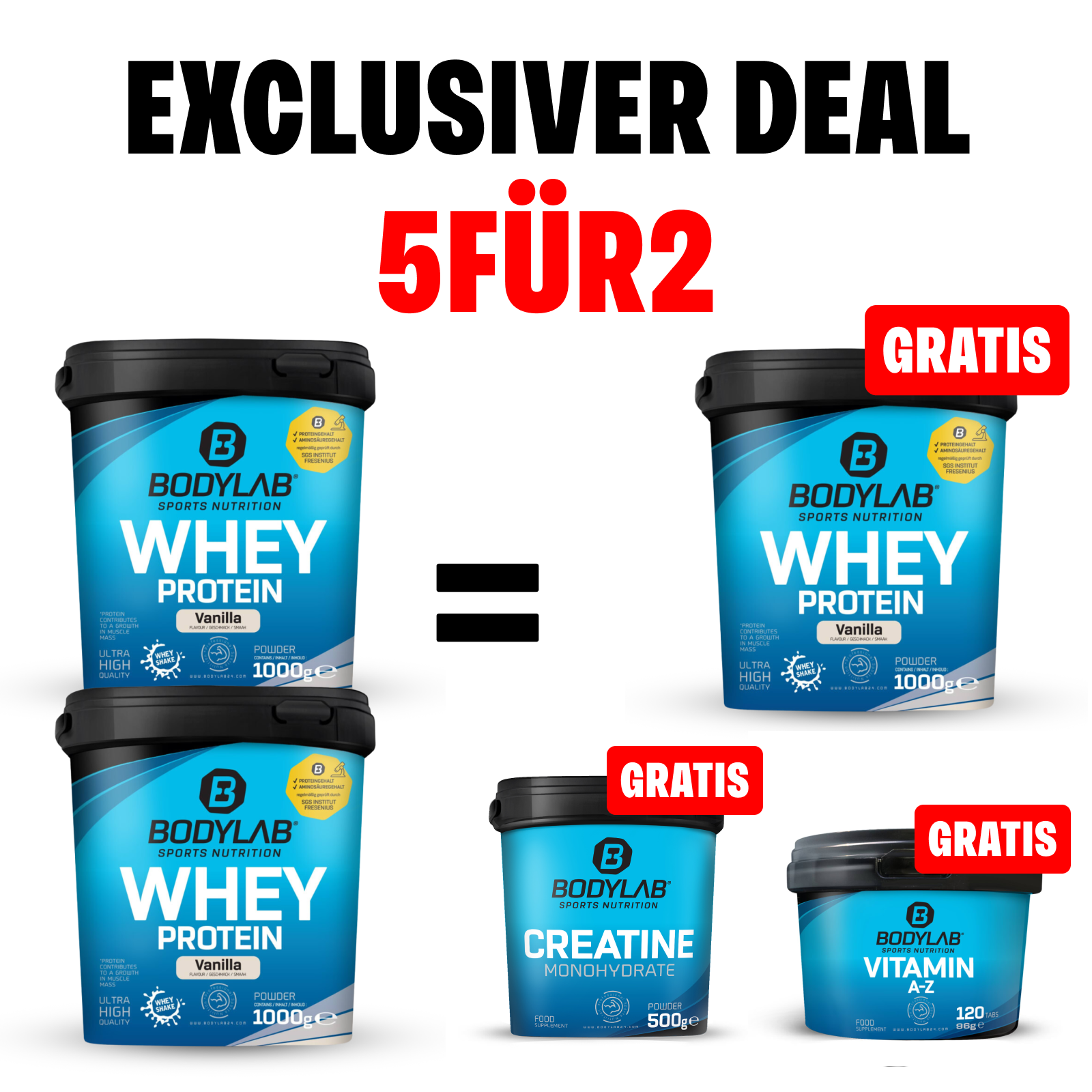 EXKLUSIVER DEAL: 5Für2 Protein-Powerpack mit Gratis Whey + Creatine + Vitamin A-Z