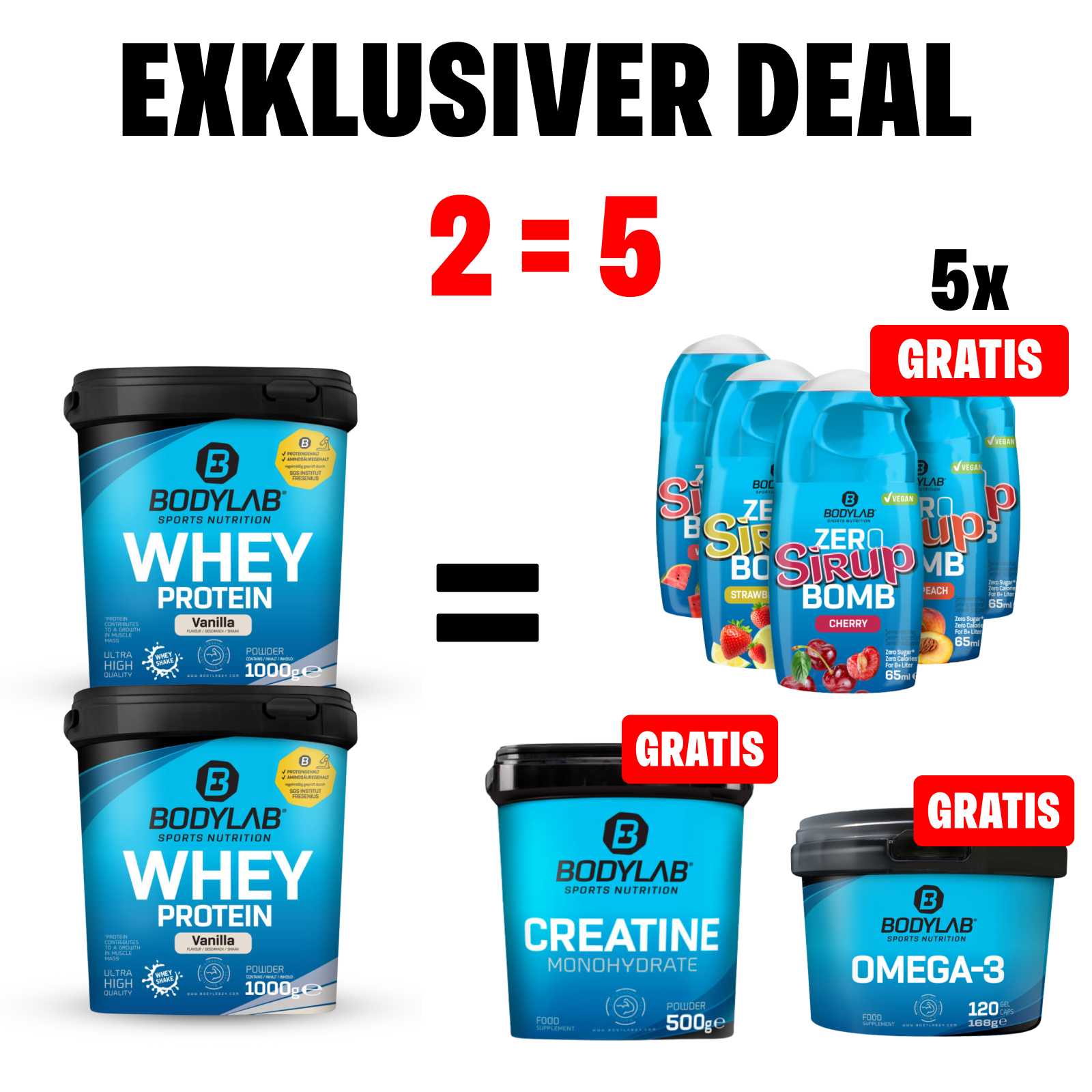 5Für2 Diet-Powerpack mit Gratis Creatine Powder + Zero Sirup Bomb Mix + Omega-3