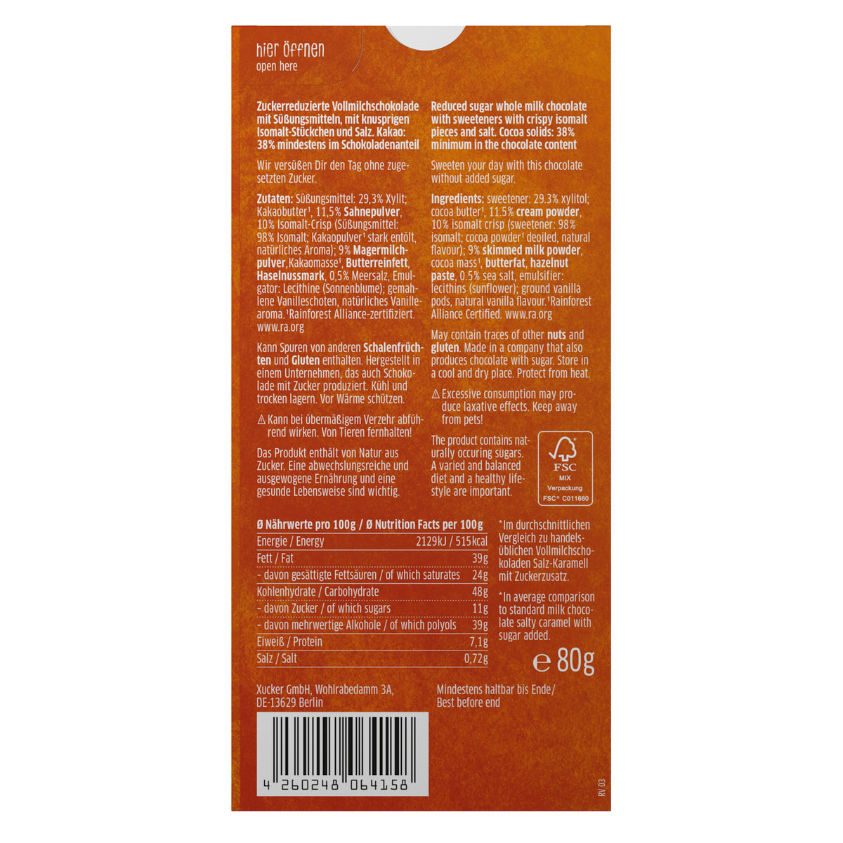 Chocolat au lait xylitol caramel salé (80g)