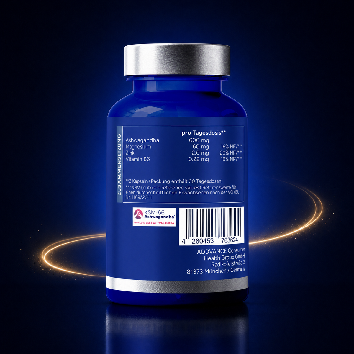 Ashwa+ Ashwagandha KSM-66™ mit Magnesium, Zink & Vitamin B6 (60 Kapseln)