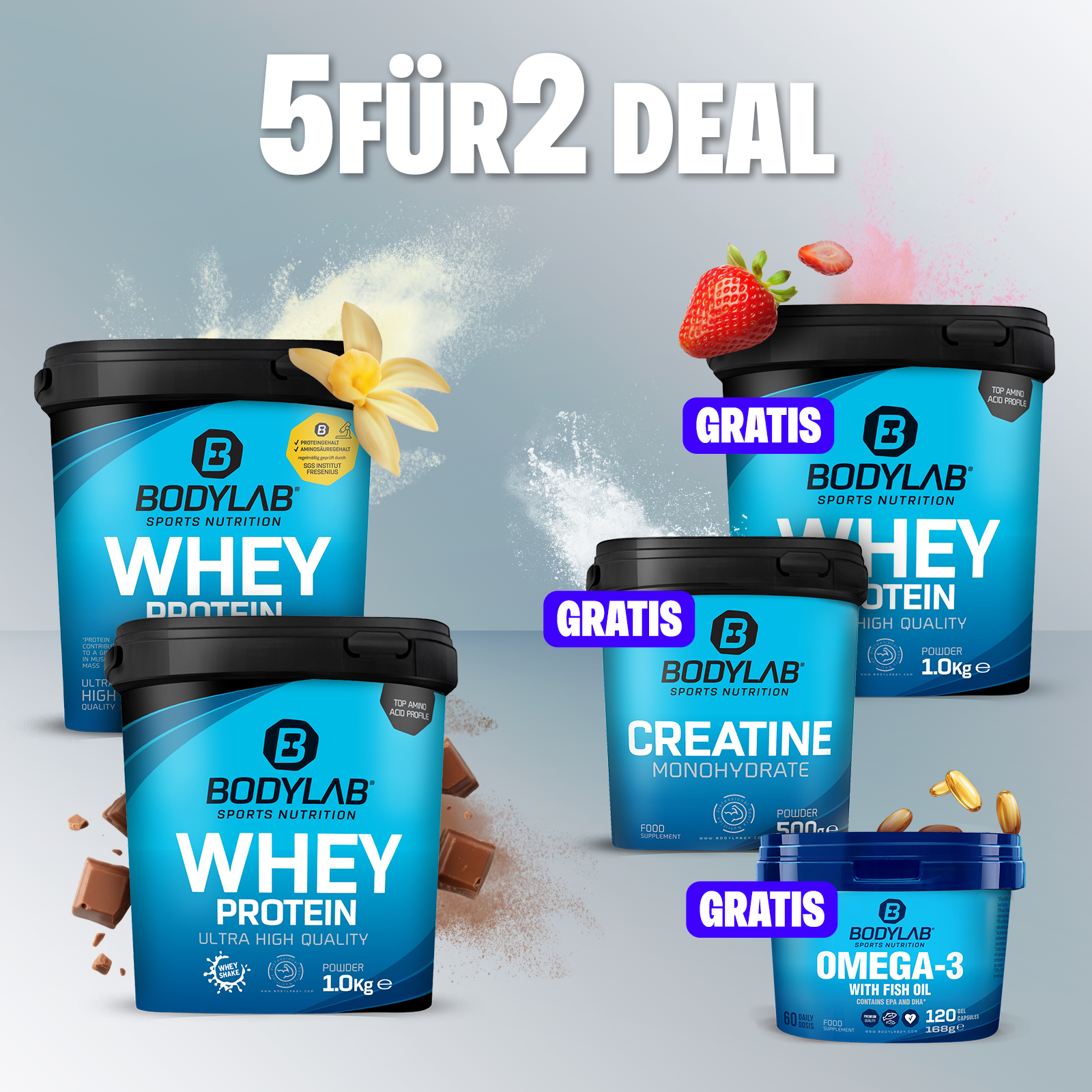 EXKLUSIVER DEAL: 5Für2 Protein-Powerpack mit Gratis Whey + Creatine + Omega-3