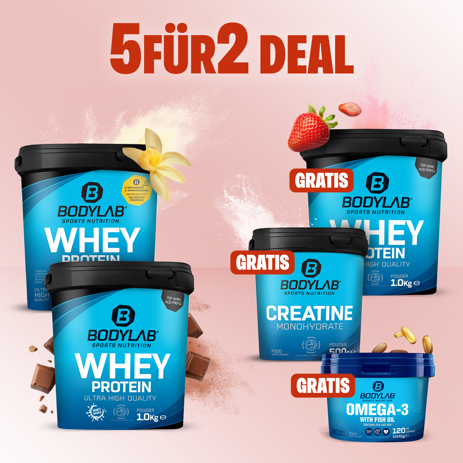 EXKLUSIVER DEAL: 5Für2 Protein-Powerpack mit Gratis Whey + Creatine + Omega-3