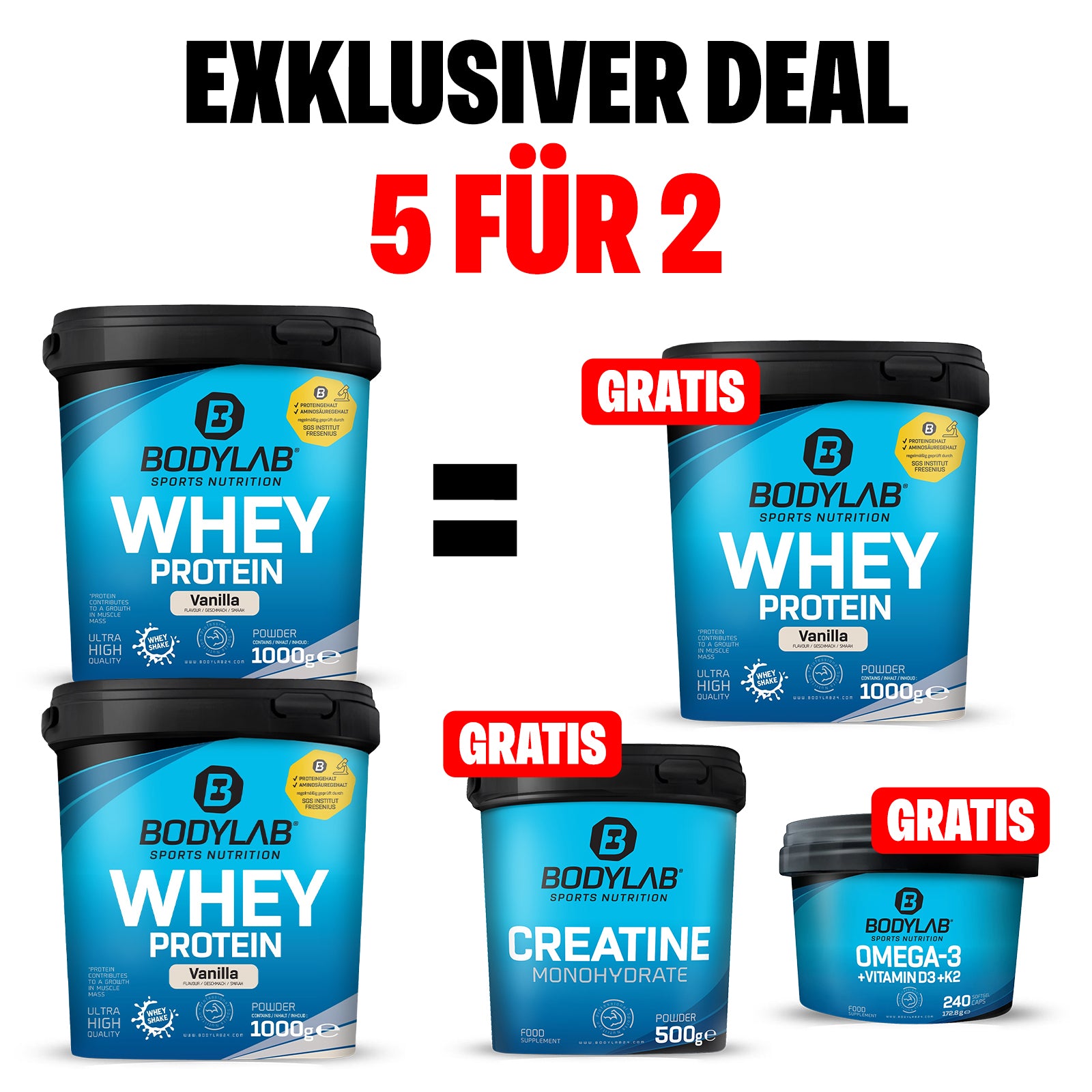 EXKLUSIVER DEAL: 5Für2 Protein-Powerpack mit Gratis Whey + Creatine + Omega-3 & Vitamin D3 & K2 Kapseln