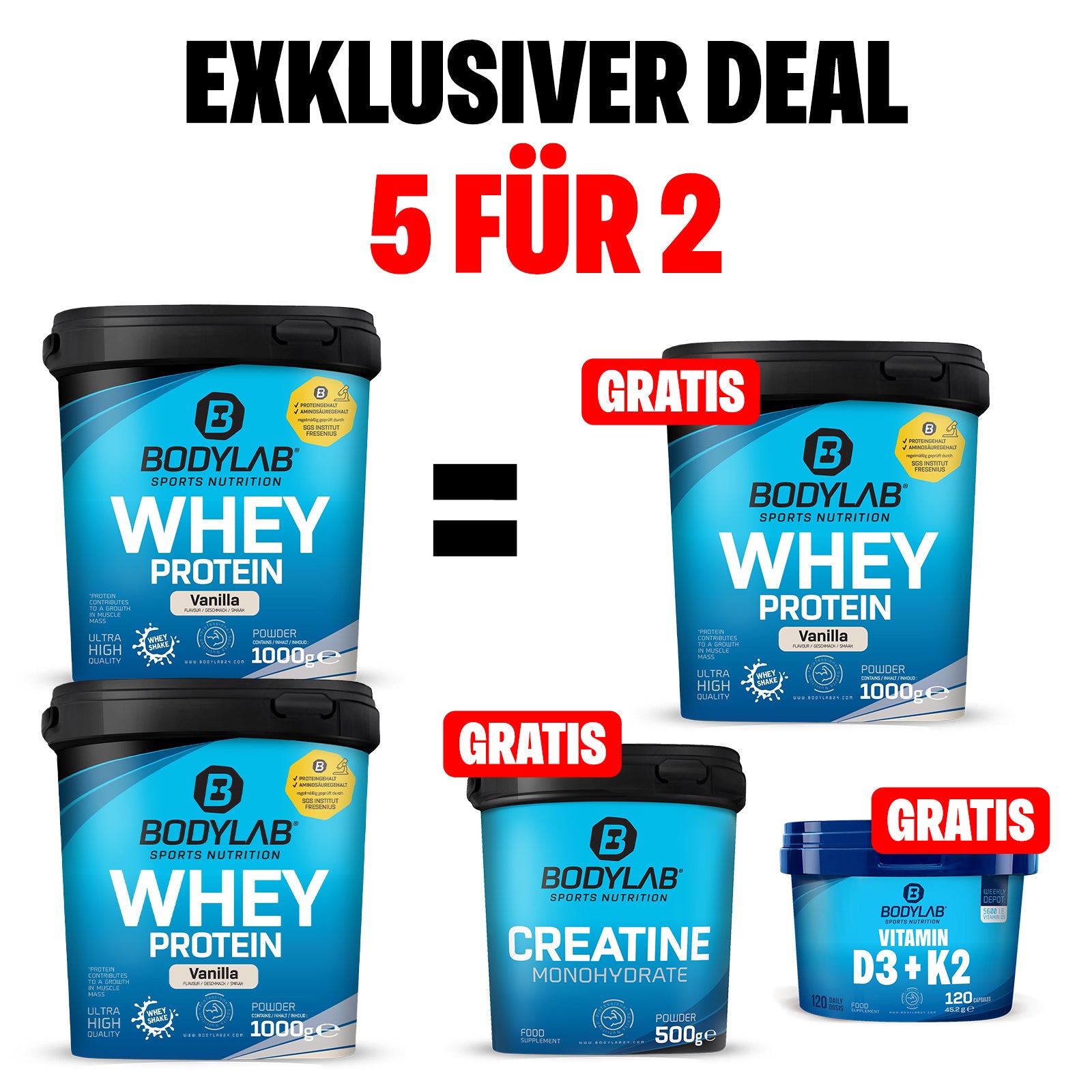 EXKLUSIVER DEAL: 5Für2 Protein-Powerpack mit Gratis Whey + Creatine + Vitamin D3 & K2 Kapseln