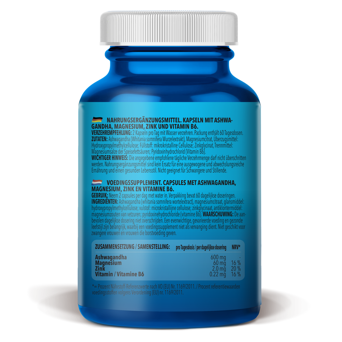 Ashwagandha + Magnésium - Zinc - Vitamine B6 (120 gélules)