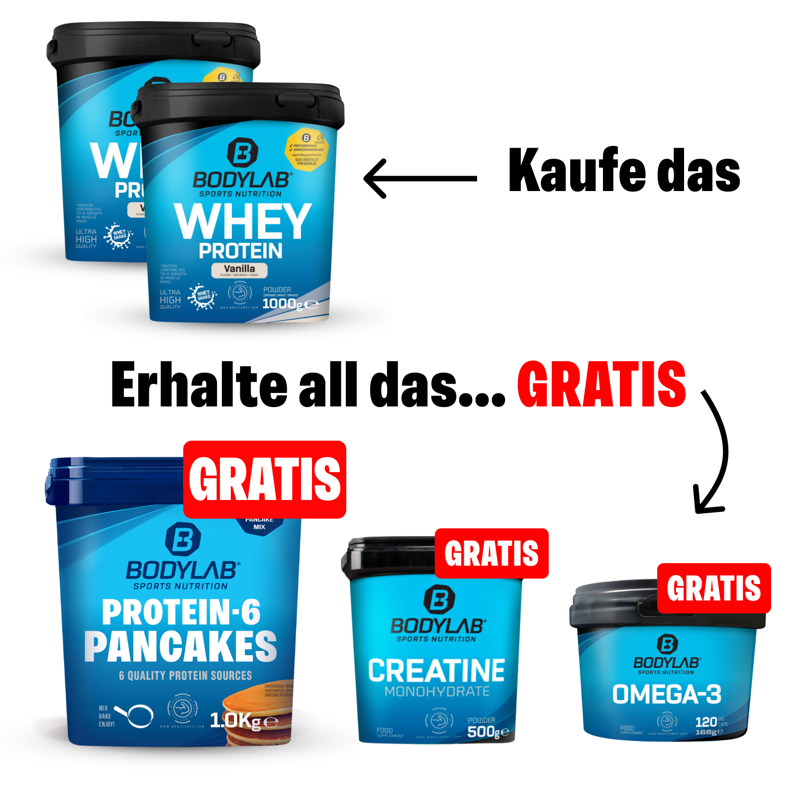 EXKLUSIVER DEAL: 5Für2 Protein-Powerpack mit Gratis Protein-6 Pancakes + Creatine + Omega-3