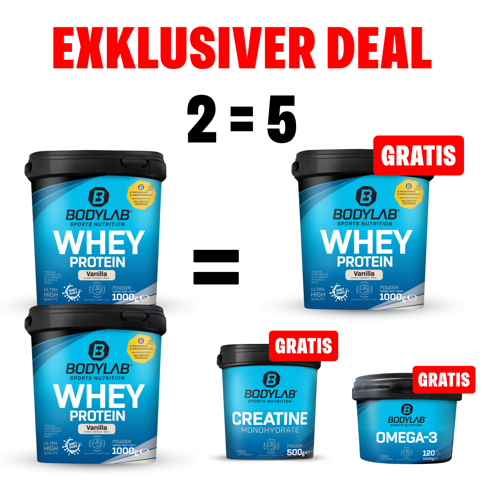 EXKLUSIVER DEAL: 5Für2 Protein-Powerpack mit Gratis Whey + Creatine + Omega-3