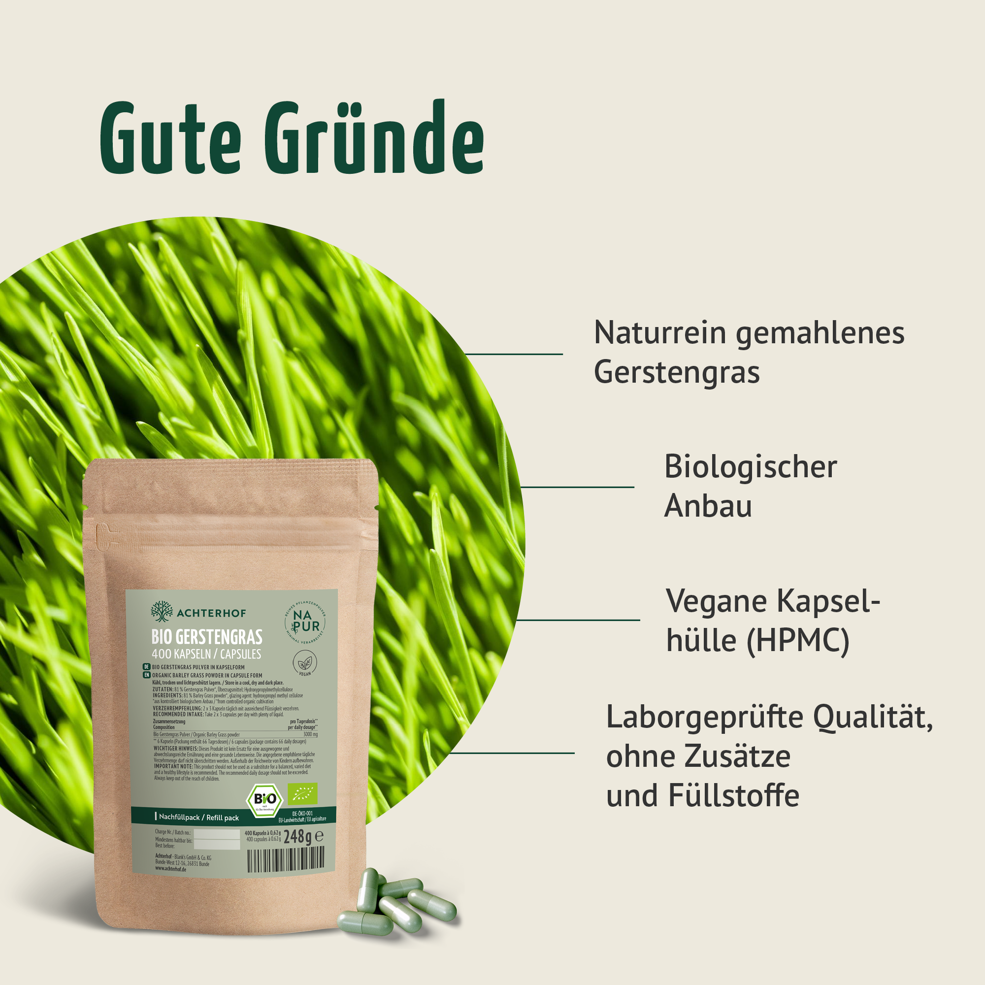 Gélules d'herbe d'orge bio (400 gélules) - Recharge