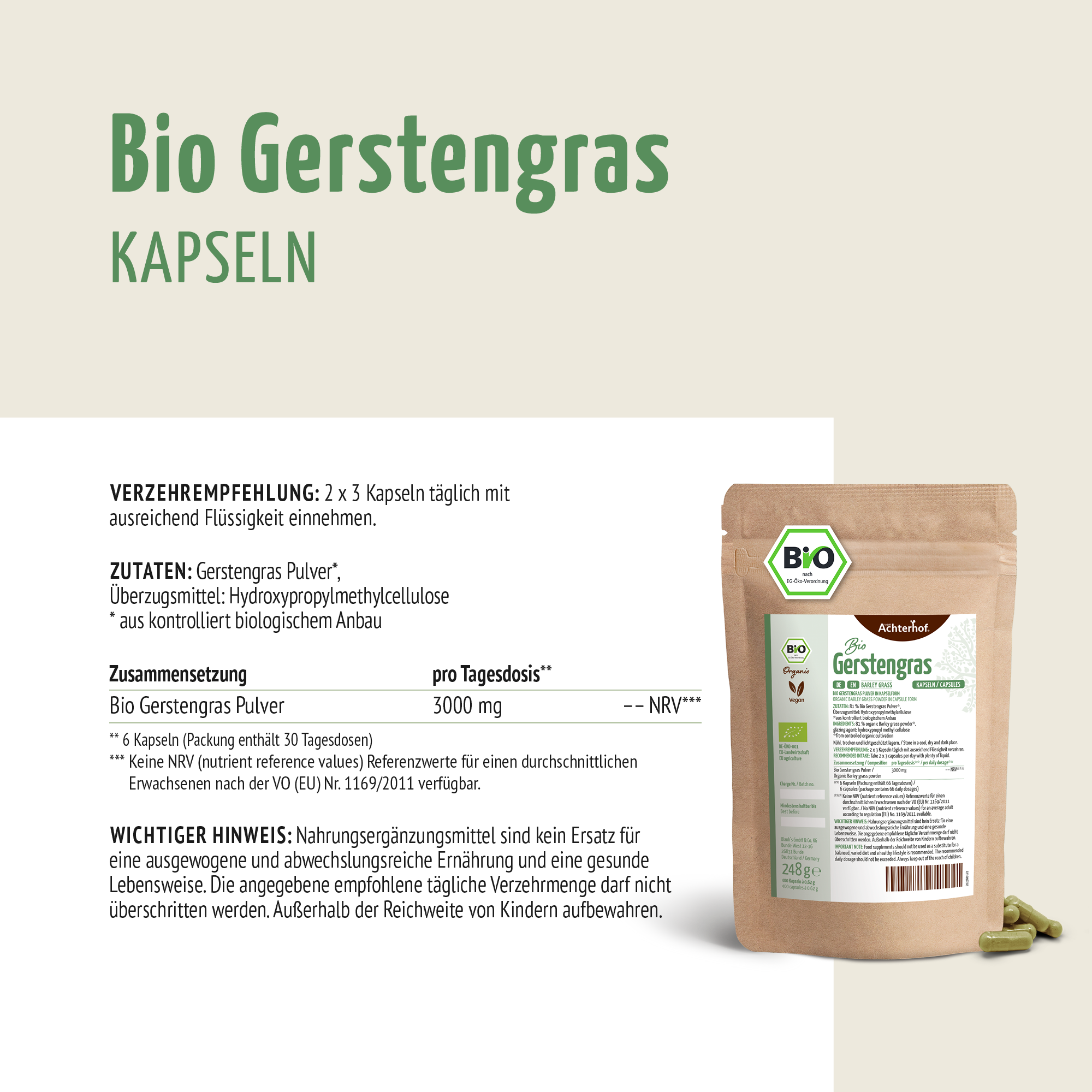 Gerstengras Kapseln Bio Nachfüllpack (400 Kapseln)