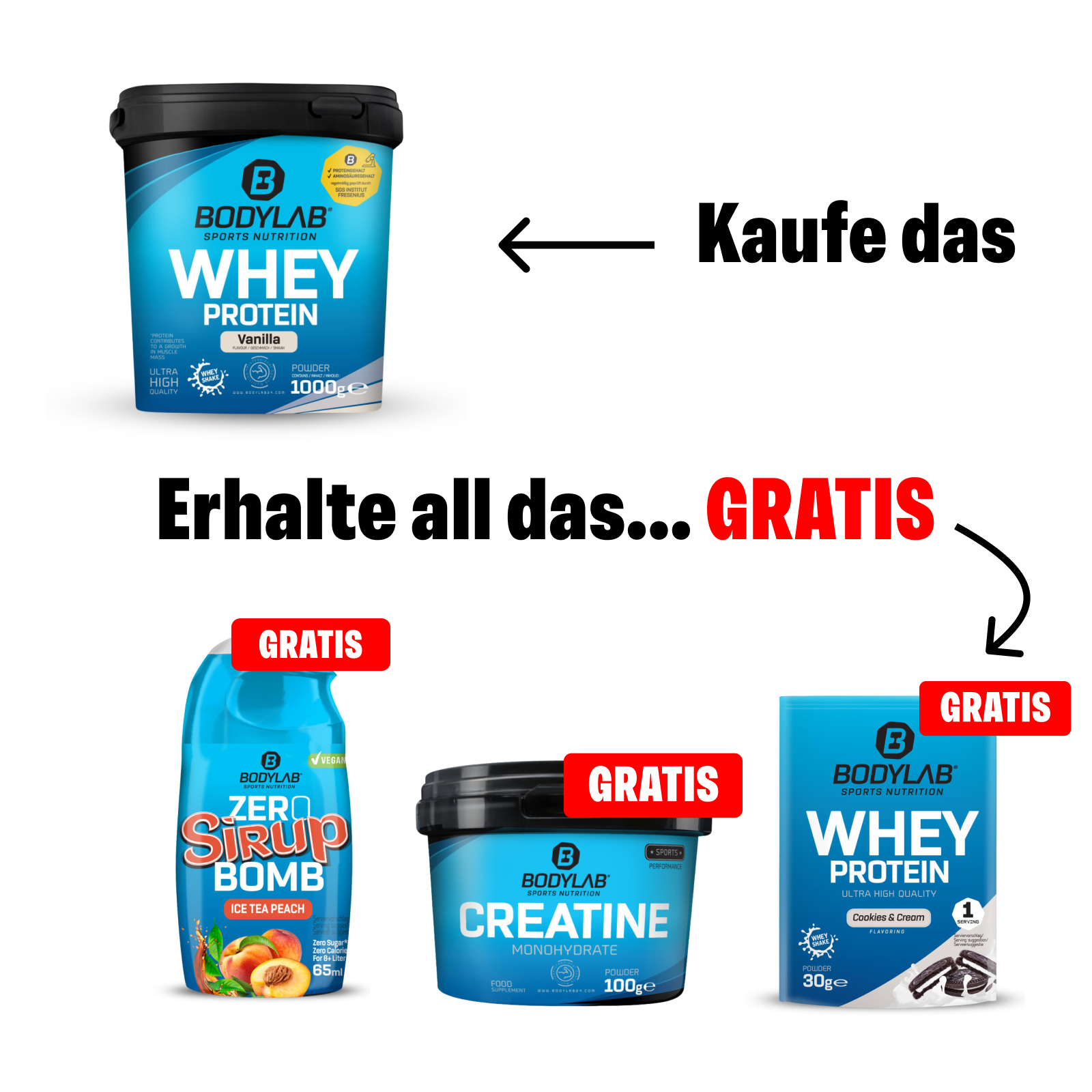 SECRET FLASHDEAL 4für1: Whey + GRATIS Creatine + Zero Sirup und Whey Probe
