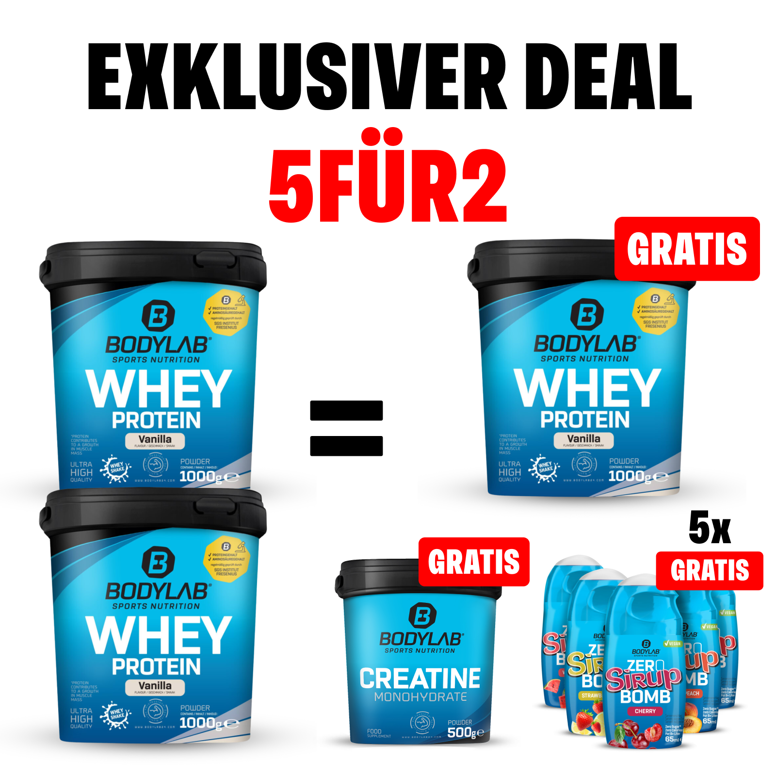 EXKLUSIVER DEAL: 5Für2 Protein-Powerpack mit Gratis Whey + Creatine + Zero Sirup Bombs