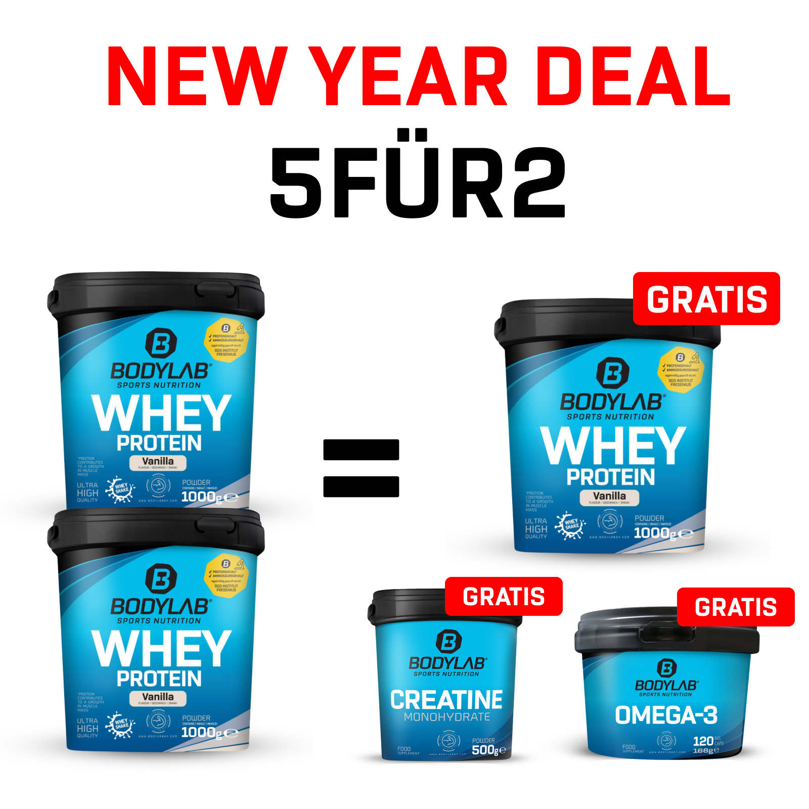 EXKLUSIVER DEAL: 5Für2 Protein-Powerpack mit Gratis Whey + Creatine + Omega-3