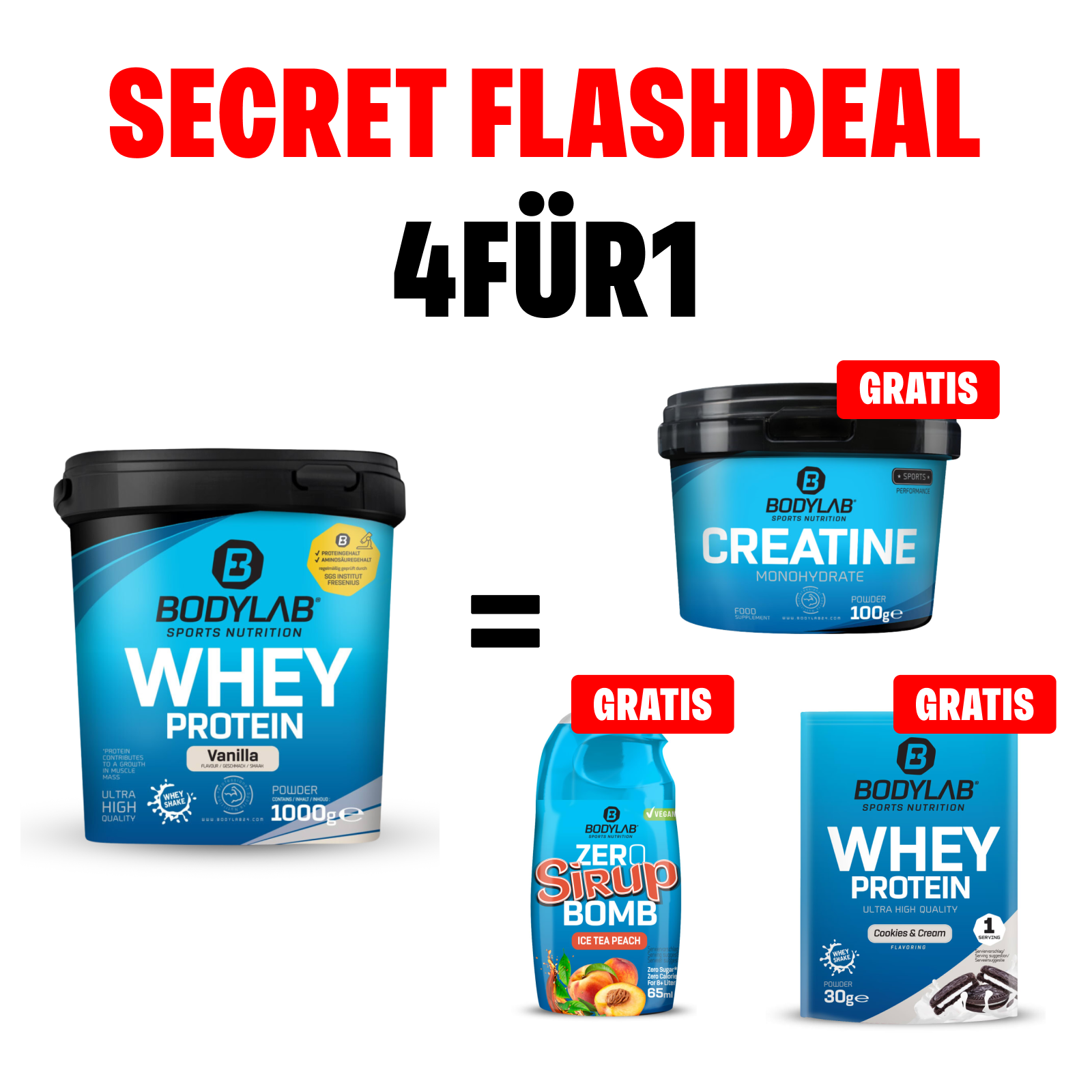 SECRET FLASHDEAL 4für1: Whey + GRATIS Creatine + Zero Sirup und Whey Probe